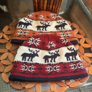 Bundle (2) Fair Isle Moose Pattern Knit Beanies Ski Hat Snowboard